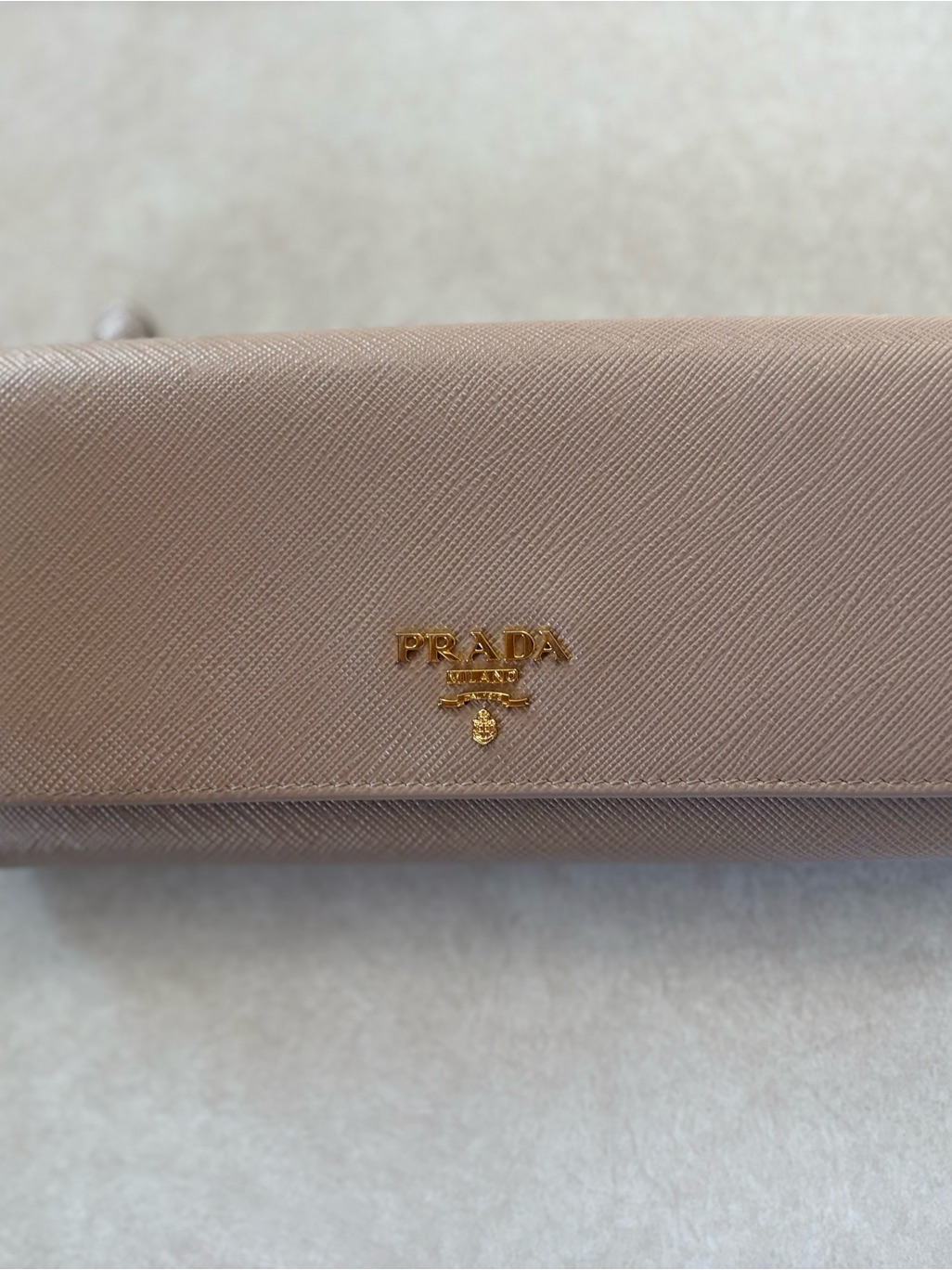 Prada Saffiano Leather Continental Wallet In Taupe With Gold Logo
